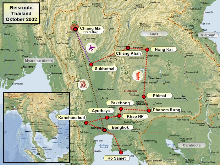 Travel route / Map In October 2002 I travelled 3 weeks through Thailand, the 'Land of smiles', with a Joker group. We visited a lot of temples from various periods of the Thai history (Bangkok, Ayuthaya, Sokhothai, Phanum Rung, Phimai, ...) but we also enjoyed to the luxuriant nature of the Kwai river, the Mekong river, the national park of Khao and the jungle in the north of Chiang Mai. We ended our journey on the paradise beach of Ko Samet. Stefan Cruysberghs